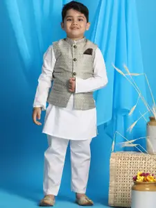 VASTRAMAY Boys White Kurta with Salwar & With Dupatta With Beige Woven Nehru Jacket