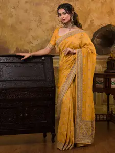 Koskii Women Mustard & Gold-Toned Embroidered Art Silk Heavy Work Saree