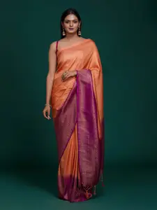 Koskii Peach & Purple Woven Design Zari Brocade Banarasi Saree