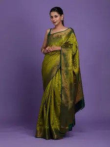 Koskii Green & Gold-Toned Woven Design Zari Art Silk Banarasi Saree