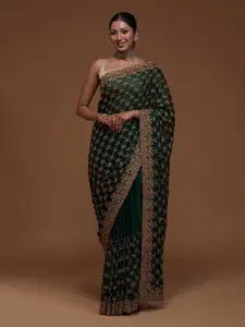 Koskii Green & Gold-Toned Designer Embroidered Saree