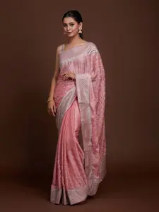 Koskii Pink & Silver-Toned Embellished Embroidered Saree