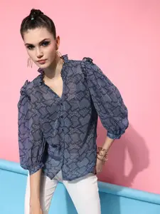 STREET 9 Women Blue & White Floral Sheer Printed Casual Shirt