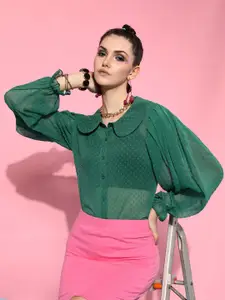 STREET 9 Women Green Sheer Dobby Printed Casual Shirt