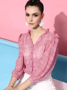 STREET 9 Women Pink Sheer Printed Casual Shirt