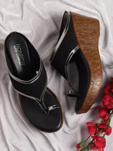 Monrow Women Black PU Ethnic Wedge Sandals