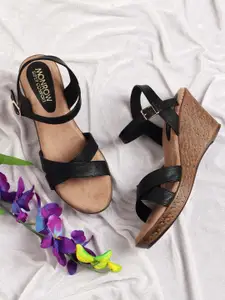 Monrow Tan & Black PU Ethnic Wedge Sandals