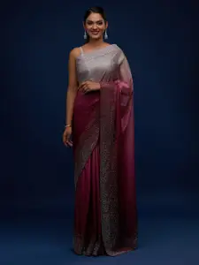 Koskii Maroon & Silver-Toned Ombre Embroidered Tissue Saree