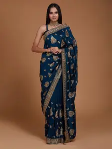 Koskii Blue & Gold-Toned Ethnic Motifs Embroidered Art Silk Saree