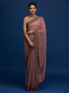 Koskii Lavender & Gold-Toned Floral Embroidered Saree