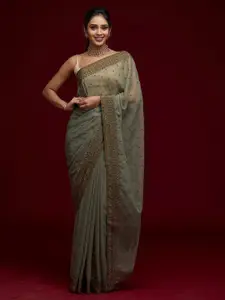 Koskii Green & Gold-Toned Floral Embroidered Saree
