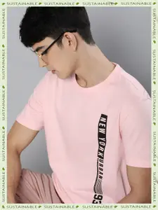 HERE&NOW Men Pink Typography Printed Pure Fairtrade cotton T-shirt
