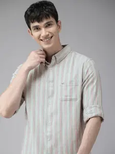 THE BEAR HOUSE Men Grey & Pink Slim Fit Striped Casual Shirt
