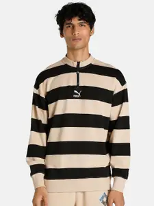Puma Men Beige & Black Striped Cotton Relaxed Fit Sweatshirt