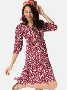 angloindu Red Floral Crepe A-Line Dress