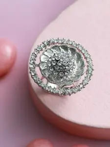 Jazz and Sizzle Silver-Plated CZ Studded Flower shaped Adjustable Finger Ring