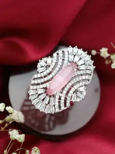 Jazz and Sizzle Silver-Plated Pink & Pink Ad-Studded Handcrafted Adjustable Finger Ring