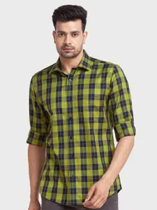 ColorPlus Men Green Checked Organic Cotton Tailored Fit Casual Shirt