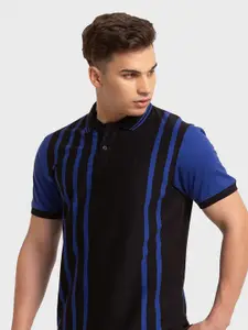 ColorPlus Men Black Striped Polo Collar Organic Cotton Slim Fit T-shirt