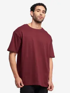 The Souled Store Men Burgundy Solid Round Neck Oversized T-Shirt