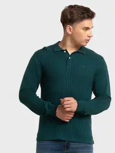 ColorPlus Men Green Striped Polo Collar Organic Cotton Slim Fit T-shirt