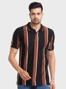 ColorPlus Men Black Striped Polo Collar Organic Cotton Slim Fit T-shirt