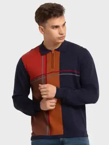 ColorPlus Men Blue & Orange Colourblocked Polo Collar Organic Cotton Slim Fit T-shirt