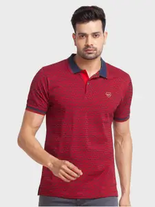ColorPlus Men Red Striped Polo Collar Organic Cotton Slim Fit T-shirt