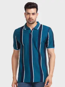 ColorPlus Men Blue Striped Polo Collar Organic Cotton Slim Fit T-shirt