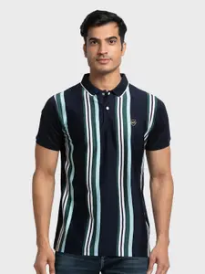 ColorPlus Men Blue & White Striped Polo Collar Organic Cotton Slim Fit T-shirt