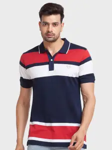 ColorPlus Men Blue & Red Colourblocked Polo Collar Organic Cotton Slim Fit T-shirt