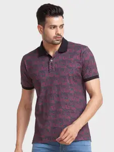 ColorPlus Men Black & Violet Polo Collar Organic Cotton Slim Fit T-shirt