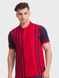 ColorPlus Men Red & Navy Blue Striped Polo Collar Organic Cotton Slim Fit T-shirt