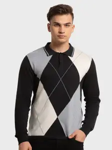 ColorPlus Men Grey & Grey Striped Polo Collar Organic Cotton Slim Fit T-shirt