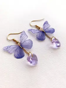 Yellow Chimes Blue Butterfly Heart Hanging Drop Dangle Earrings