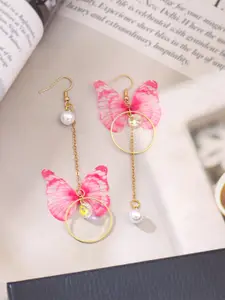 Yellow Chimes Pink Butterfly Attached Dangle Drop Earrings