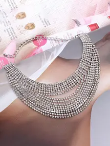 Yellow Chimes Women Silver-Toned Crystal Studded Multilayered Glittering Choker Necklace