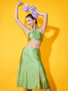 Stylecast X Hersheinbox Women Green Solid Crop Top with Skirt