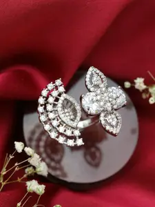 Jazz and Sizzle Silver-Plated White CZ-Studded Floral Shaped Adjustable Finger Ring