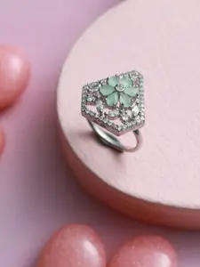 Jazz and Sizzle Silver-Plated Lime Green Coloured & White AD Studded Ring