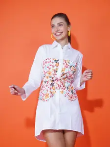Stylecast X Hersheinbox Women White Tropical Printed Shirt Dress With Tie-ups Detail