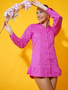 Stylecast X Hersheinbox Women Fuchsia Pink Solid Tiered Shirt Dress
