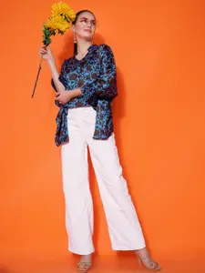 Stylecast X Hersheinbox Women Blue & Orange Floral Print Satin Kaftan Mini Dress