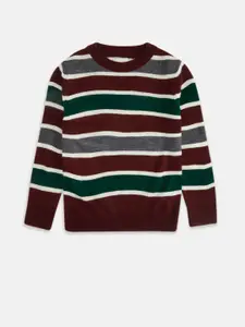 Pantaloons Junior Boys Maroon & Green Striped Round Neck Pullover
