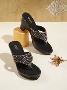 Anouk Black & Gold-Toned Embellished Ethnic Handcrafted Platform Heels