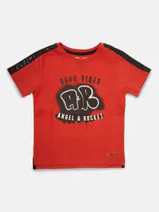 Angel & Rocket Boys Red Typography Printed Applique T-shirt