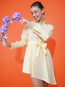 Stylecast X Hersheinbox Women Yellow & White Vertical Striped Pure Cotton Shirt Mini Dress