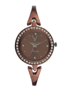 Hobforestessentials Women White Embellished Dial & Brown Bracelet Style Straps Analogue Watch FR22-249-BR1