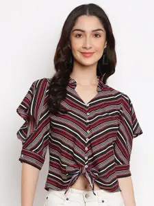 Latin Quarters Red Geometric Striped V-Neck Collar Bohemian Crop Top  with Knot