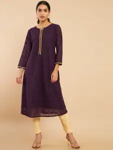 Soch Women Purple Ethnic Motifs Thread Work Georgette Kurta